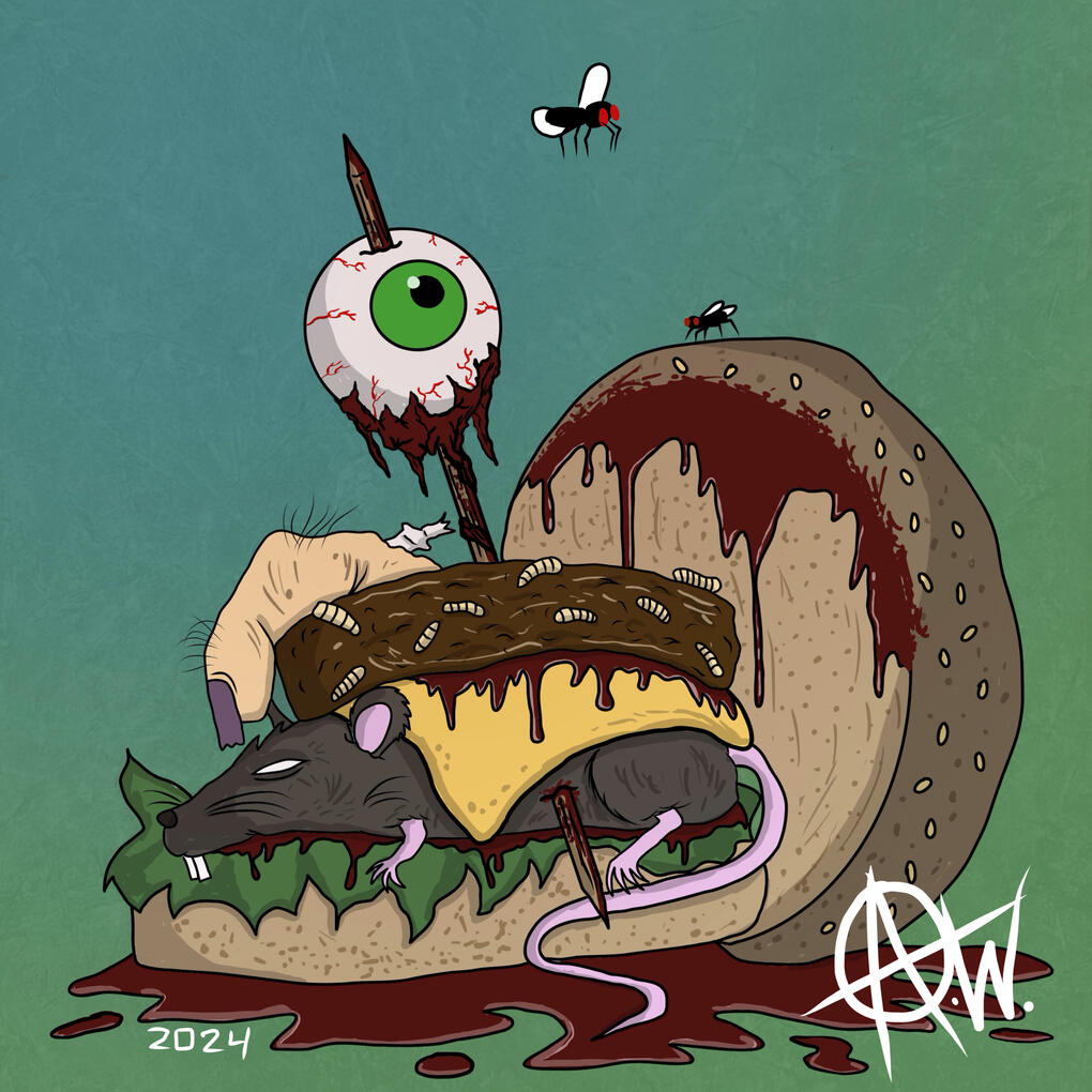 "Open Face Rat Burger and Flies"